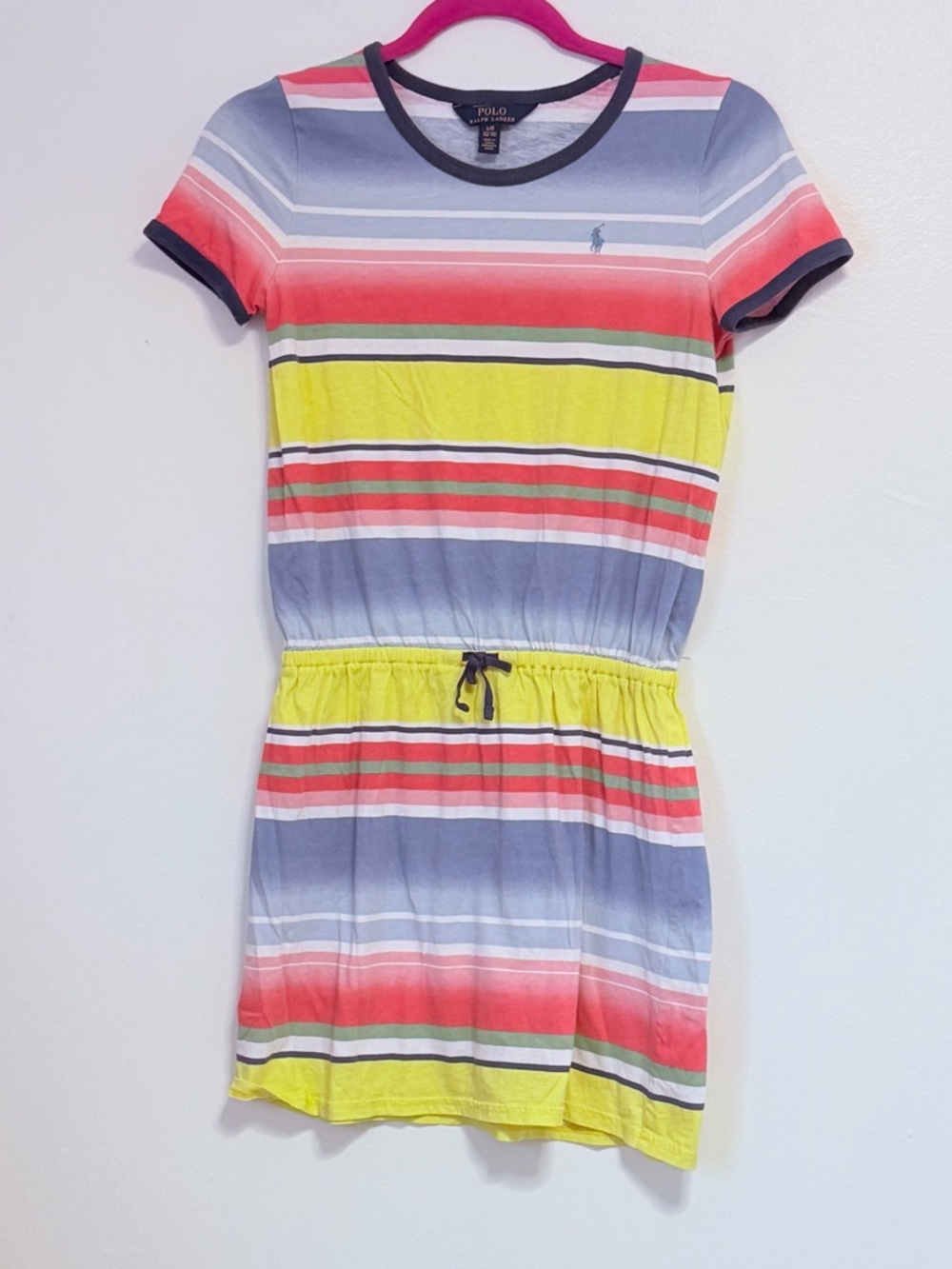 Polo Ralph Lauren Striped Cotton Tee Dress in Coral, Yellow & Blue Girls 12/14